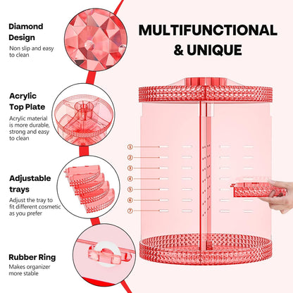 360-Degree Rotating Makeup Organizer with Extra Large Capacity, Removable 7-Layer Cosmetics Storage for Countertop - Ideal for Skincare and Perfume (Pink)