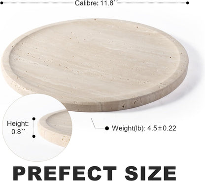 Travertine Tray, 11.8"X0.8" round Serving Tray for Kitchen and Coffee Table, Bathroom Trays for Counter, Decorative Vanity Trays, Catchall Fruit and Snack, Light Beige Ottoman Tray