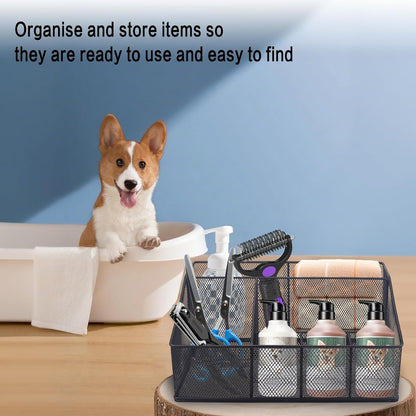Universal Pet Grooming Supplies Organizer, Dog Storage Organizer for Grooming Supplies, 6-Compartment Mesh Wire Dog Stuff Storage Organizer for Dogs Cat Grooming Blanket,Shampoo,Trimmer,Clipper,Brush