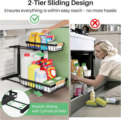 2-Tier Under-Sink Organizer with Sliding Drawers, Metal Cabinet Storage Rack for Kitchen, Bathroom, Pantry, and Closet - Black, Set of 2
