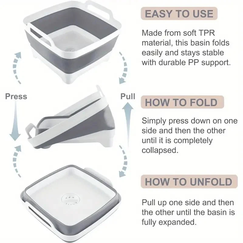 2.4 Gal(9L) Collapsible Dish Basin with Drain Plug, Space Saving Outdoor Multiuse Foldable Sink Tub, Dishpan, Kitchen Storage