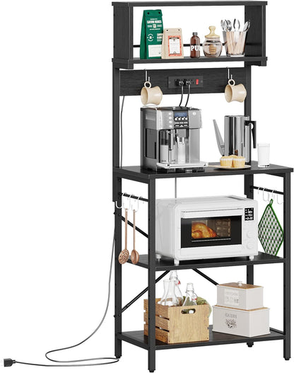 Bakers Rack with Power Outlet, Coffee Bar Table with Storage 5 Tiers, Standing Microwave Stand with 8 S-Shaped Hooks, Kitchen Storage Shelf Rack for Spices | Standing Microwave Stand with 8 S-Shaped Hooks, Kitchen Storage Shelf Rack for Spices