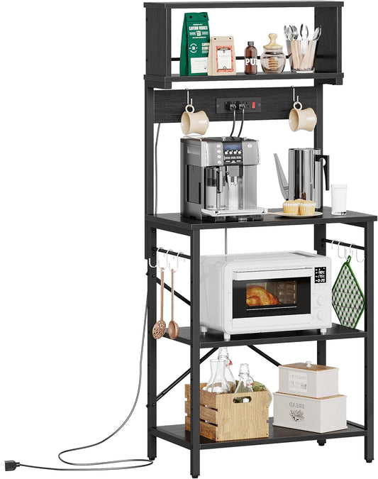 Bakers Rack with Power Outlet, Coffee Bar Table with Storage 5 Tiers, Standing Microwave Stand with 8 S-Shaped Hooks, Kitchen Storage Shelf Rack for Spices | Standing Microwave Stand with 8 S-Shaped Hooks, Kitchen Storage Shelf Rack for Spices