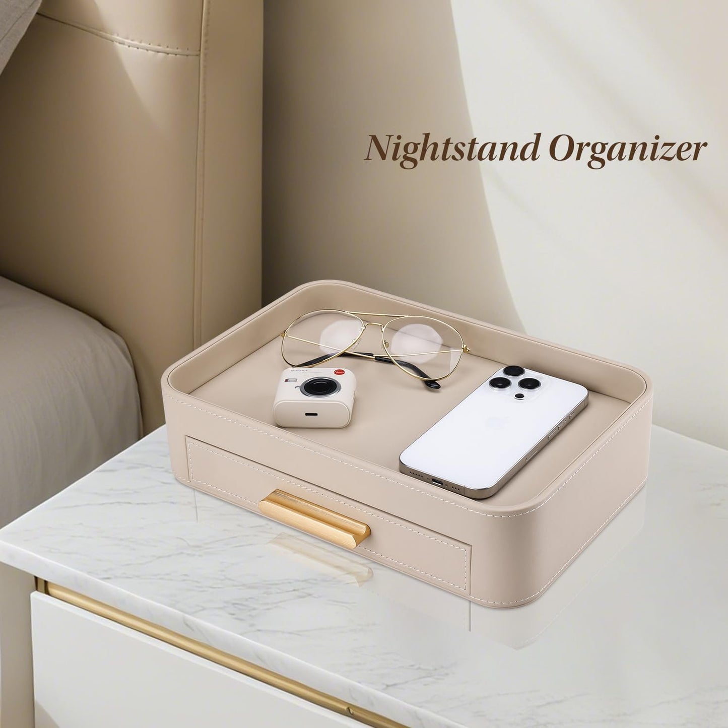 Valet Jewelry Tray Nightstand Organizer with Drawer, PU Leather Perfume Tray Trinket Trays for Vanity Bathroom Entryway, Catchall Trays for Key Purse Watch Cologne, Gift for Women Men, Beige