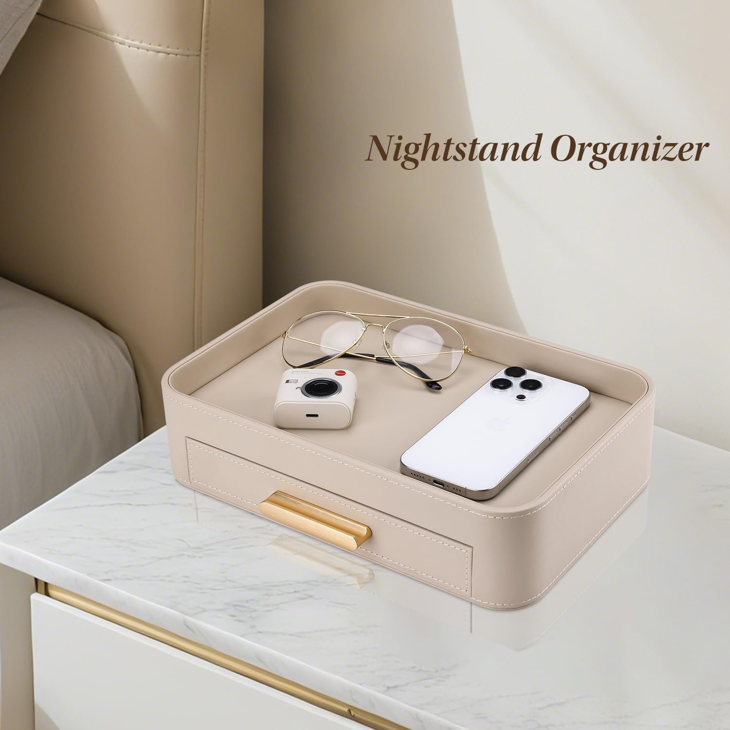 Valet Jewelry Tray Nightstand Organizer with Drawer, PU Leather Perfume Tray Trinket Trays for Vanity Bathroom Entryway, Catchall Trays for Key Purse Watch Cologne, Gift for Women Men, Beige