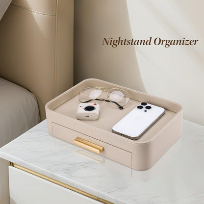 Valet Jewelry Tray Nightstand Organizer with Drawer, PU Leather Perfume Tray Trinket Trays for Vanity Bathroom Entryway, Catchall Trays for Key Purse Watch Cologne, Gift for Women Men, Beige