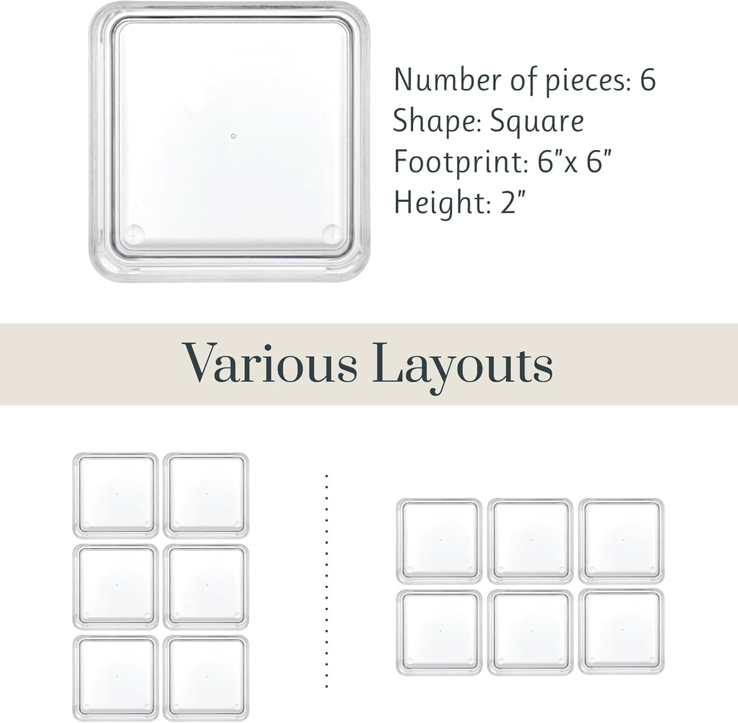 Simplesort 6-Piece Stackable Clear Drawer Organizer Set | 6" X 6" X 2" Square Trays | Small Makeup Vanity Storage Bins and Office Desk Drawer Dividers | Made in USA