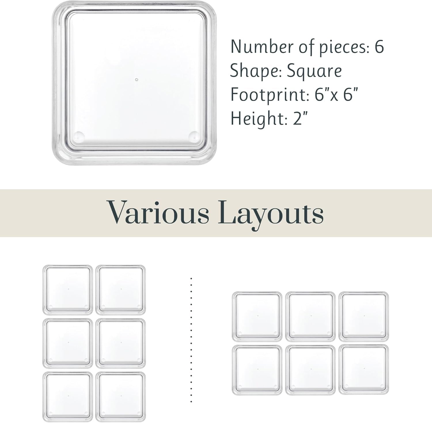 Simplesort 6-Piece Stackable Clear Drawer Organizer Set | 6" X 6" X 2" Square Trays | Small Makeup Vanity Storage Bins and Office Desk Drawer Dividers | Made in USA