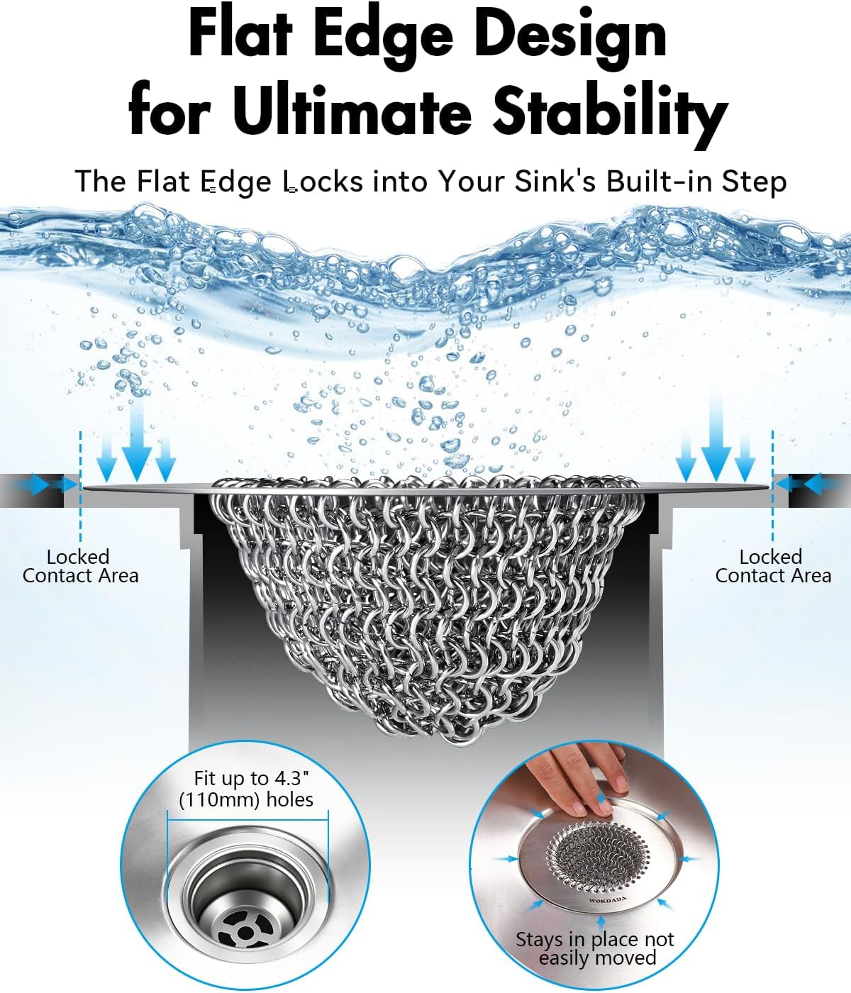 Reversible Kitchen Sink Drain Strainer, Anti-Clog Flat Edge Design | Anti-Slip Fit, Fast Drainage, Easy Flip Cleaning, Standard Sink Fit, Large Capacity, 304 Stainless Steel, Patented Design