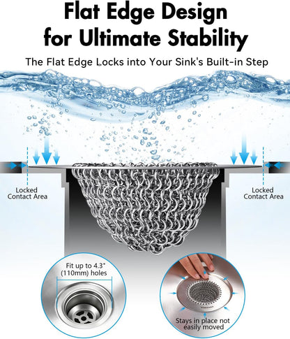 Reversible Kitchen Sink Drain Strainer, Anti-Clog Flat Edge Design | Anti-Slip Fit, Fast Drainage, Easy Flip Cleaning, Standard Sink Fit, Large Capacity, 304 Stainless Steel, Patented Design