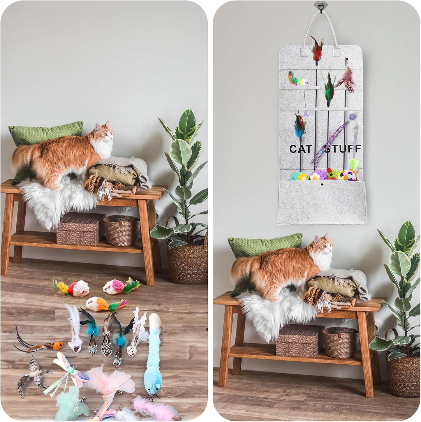 2 Pack Cat Wand Toy Storage Bag, Hanging Cat Teaser Holder for Neatly Organization, Durable Feather Pet Toy Organizer Bag with Handle for Indoor Pet Supplies, Feline Safety