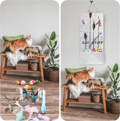 2 Pack Cat Wand Toy Storage Bag, Hanging Cat Teaser Holder for Neatly Organization, Durable Feather Pet Toy Organizer Bag with Handle for Indoor Pet Supplies, Feline Safety