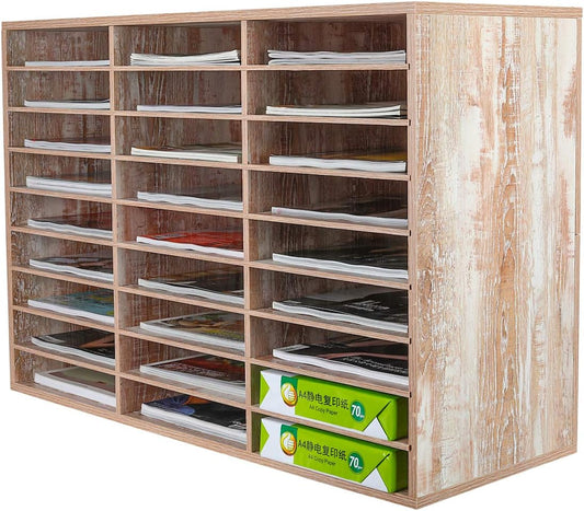 Wooden Mail Sorter and Literature Organizer with 27 Compartments for Classroom, Office, and Home Use - Retro White Finish