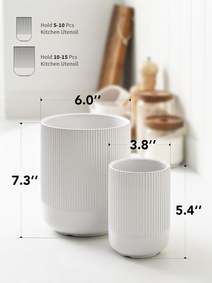 Utensil Holder for Kitchen Counter, 7.3"+5.4" Fluted Ceramic Utensil Crock Organizer for Countertop, Heavy Large Holder for Spatulas, Spoons, Set of 2, White, Kitchen Counter Decor