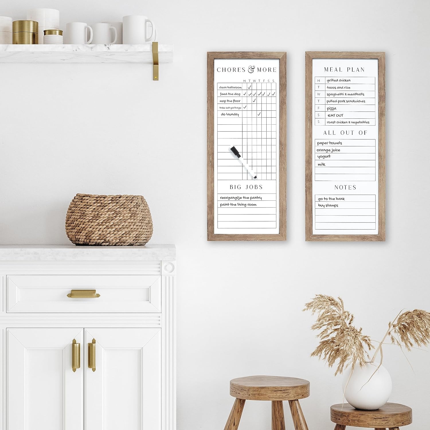 Set of Two Family Planner Dry Erase Boards Featuring, Chore Chart, Shopping List, Weekly Meal Planner and Notes, 9X21 Inch, Natural