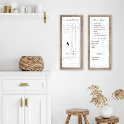 Set of Two Family Planner Dry Erase Boards Featuring, Chore Chart, Shopping List, Weekly Meal Planner and Notes, 9X21 Inch, Natural