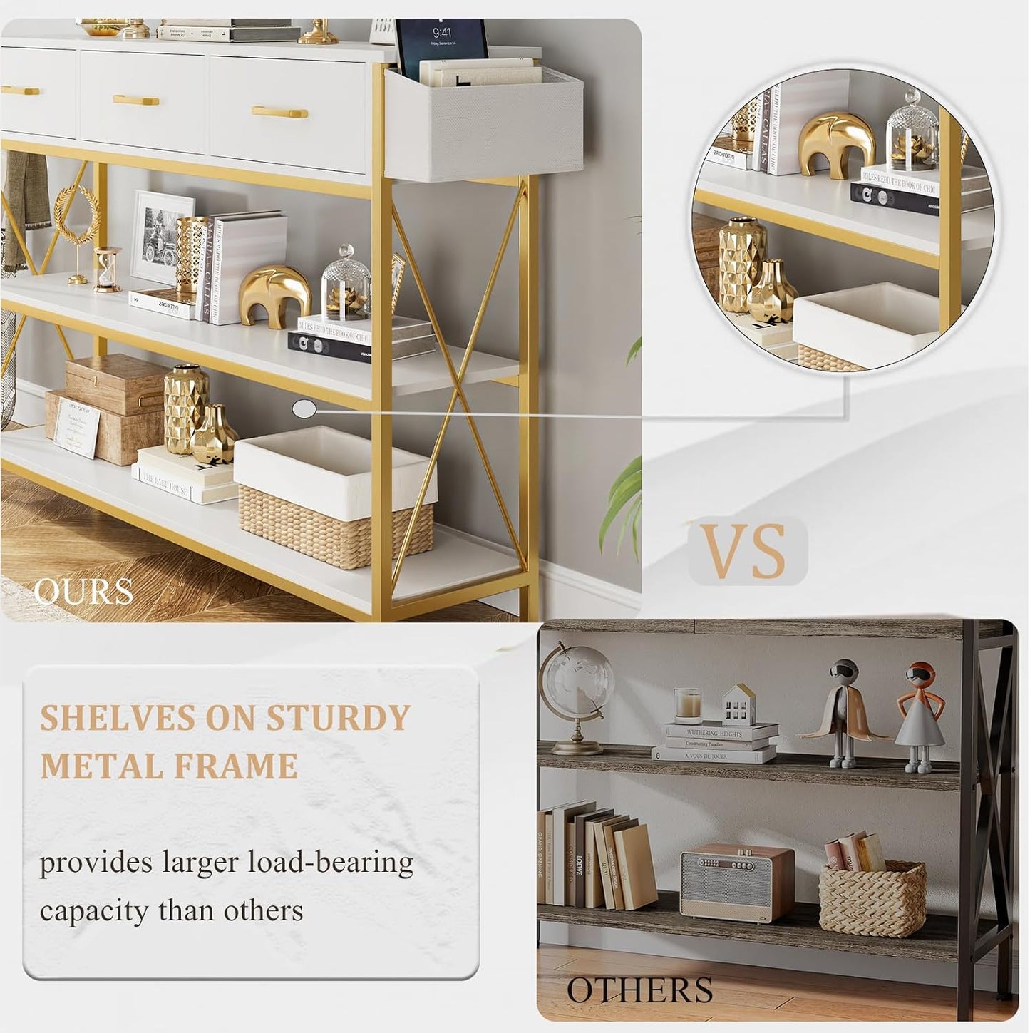 White and Gold Console Table with Storage, Industrial Entryway Table | Narrow Wide Wood Entry Way Table W/ 2-Tier Open Shelves and Drawers, Farmhouse Sofa Foyer Table for Hallway, Living Room
