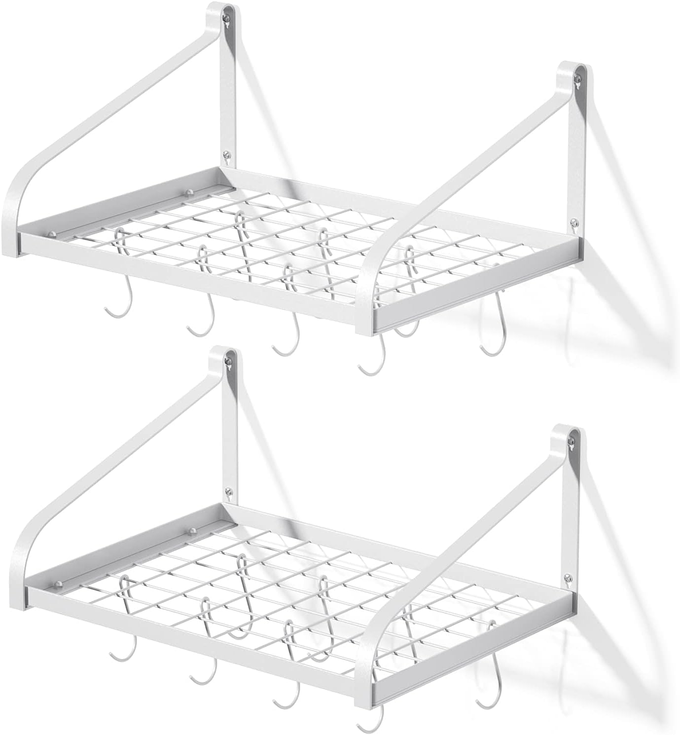 Pot Rack Wall Mounted Set of 2 Pan Pot Organizer Wall Shelves with 16 Hooks for Kitchen Cookware Utensils Organization White