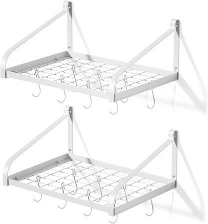 Pot Rack Wall Mounted Set of 2 Pan Pot Organizer Wall Shelves with 16 Hooks for Kitchen Cookware Utensils Organization White