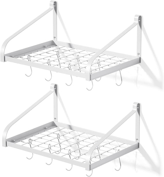 Pot Rack Wall Mounted Set of 2 Pan Pot Organizer Wall Shelves with 16 Hooks for Kitchen Cookware Utensils Organization White