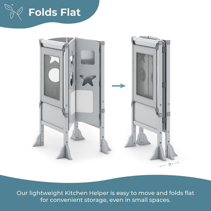 Guidecraft Classic Kitchen Helper® Toddler Tower - Gray: Folding, Adjustable Height, Learning Step Stool for Kids, W/Chalkboard | Montessori Collapsible Safety Non-Slip Platform