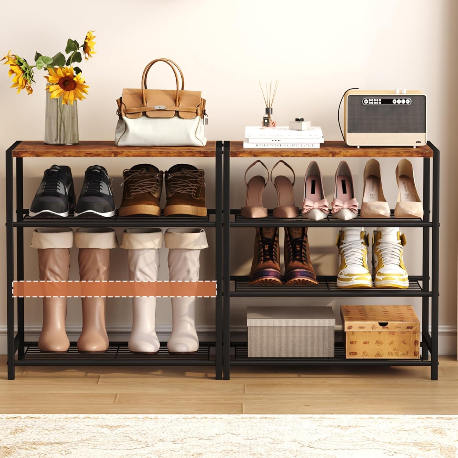 4-Tier Shoe Rack Organizer, Shoe Tower for Closet, Shoe Storage Shelf with MDF Top Board, Each Tier Fits 3 Pairs of Shoes, Entryway Shoes Organizer with Sturdy Metal Shelves, Rustic Brown