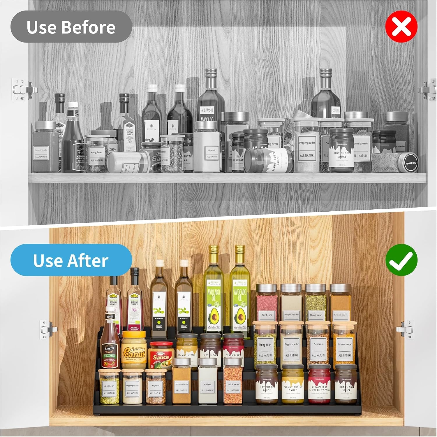Spice Organizer, Spice Rack for Expandable 3-Tier, Spice Organization for Cabinet Expandable Width and Adjustable Height, Seasoning Organizer for Cabinet, Countertop, Pantry, Black