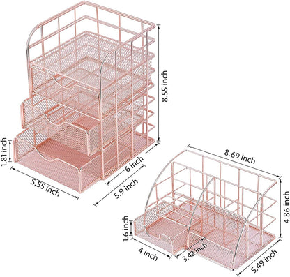 Rose Gold Desk Organizer Set with Drawer - Metal Mesh Stationery and Office Supplies Storage for Home and Office Decor