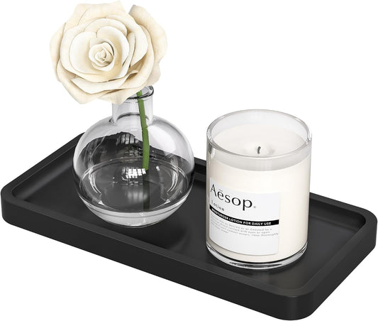 Small Bathroom Vanity Tray for Countertop Makeup Perfume Jewelry Decor Candle Keys, Small Black Kitchen Tray for Soap Dispenser Spice Bamboo Toilet Tray 7.9" L X 4" W X 0.79" H
