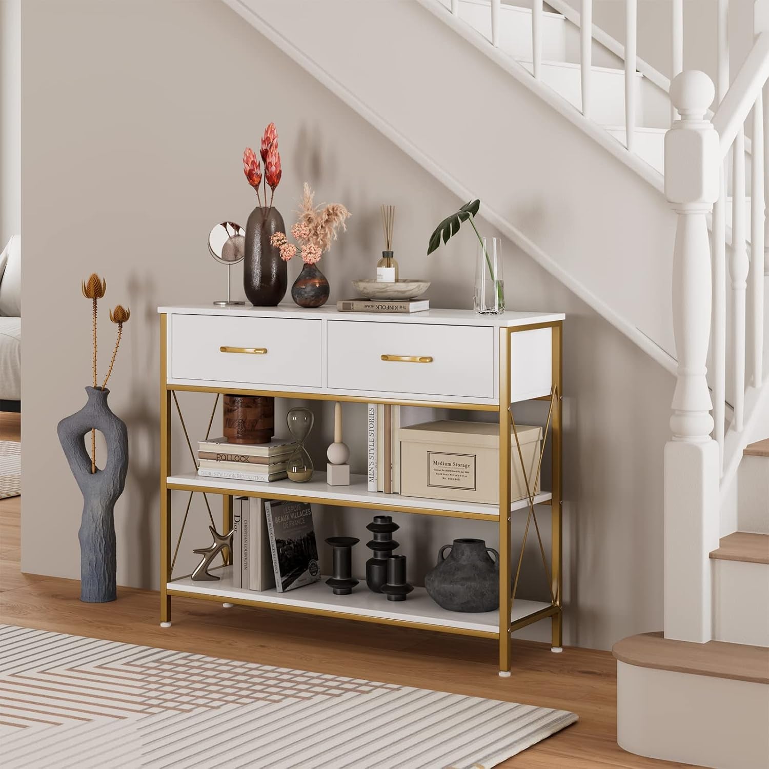 White and Gold Console Table with Storage, Industrial Entryway Table | Narrow Wide Wood Entry Way Table W/ 2-Tier Open Shelves and Drawers, Farmhouse Sofa Foyer Table for Hallway, Living Room