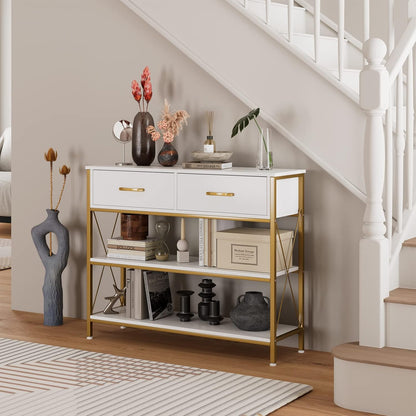 White and Gold Console Table with Storage, Industrial Entryway Table | Narrow Wide Wood Entry Way Table W/ 2-Tier Open Shelves and Drawers, Farmhouse Sofa Foyer Table for Hallway, Living Room