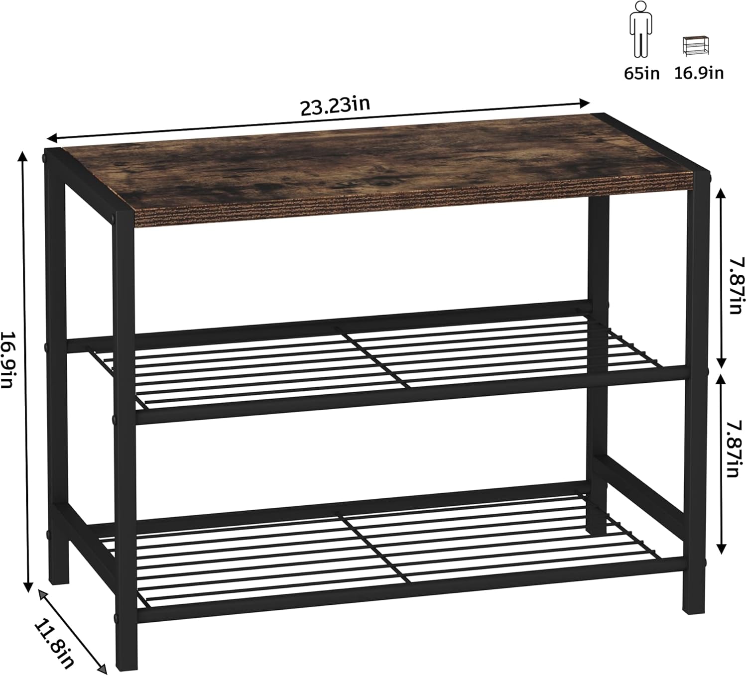 3-Tier Shoe Rack, Shoe Storage Shelf, Industrial Shoe Tower, Narrow Shoe Organizer for Closet Entryway, Small Shoe Rack Table with Durable Metal Shelves, Rustic Brown