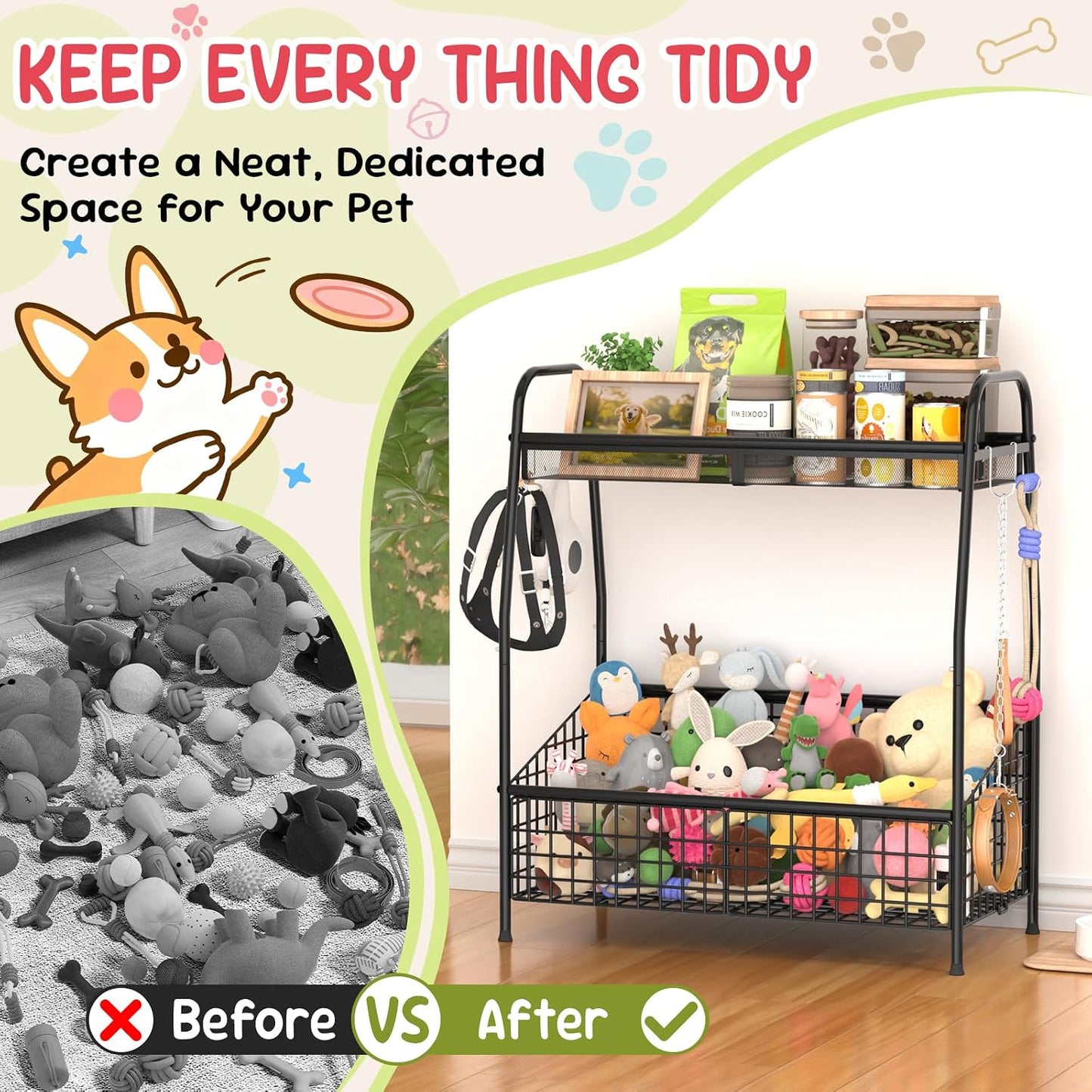 Indestructible Large Dog Toy Basket, Toy Box for Dogs,Pet Toys Bin Dog Metal Wire Basket for Toys, Food Storage, Storage Organizer Chest Storage, Toy Box for Living Room Area (Black)
