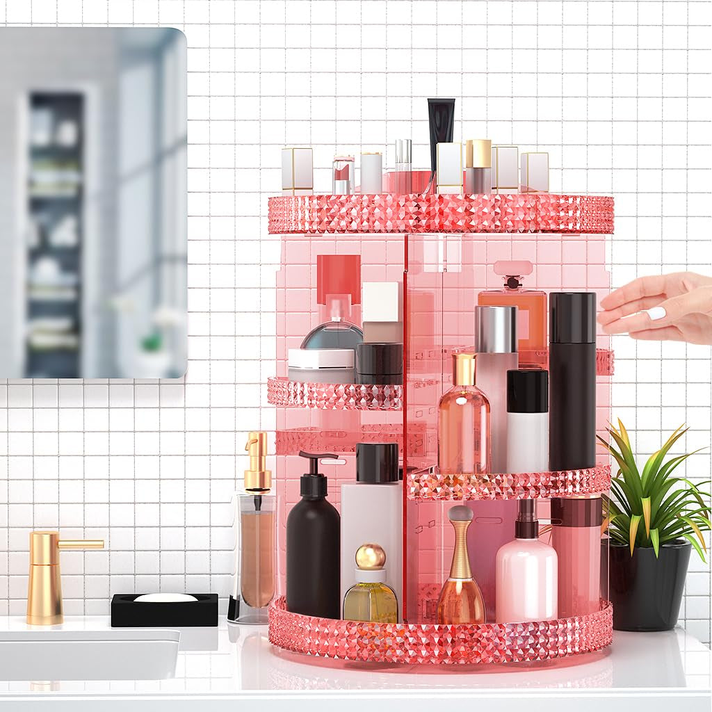 360-Degree Rotating Makeup Organizer with Extra Large Capacity, Removable 7-Layer Cosmetics Storage for Countertop - Ideal for Skincare and Perfume (Pink)