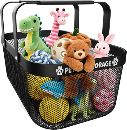 Dog Toy Basket, Metal Wire Dog Toy Storage Bin with Handles, Roomy Medium Pet Toy Organizer, Sturdy Basket for Living Room Area and Outdoor Play Toys, Black, 16" X 9.5" X 7"