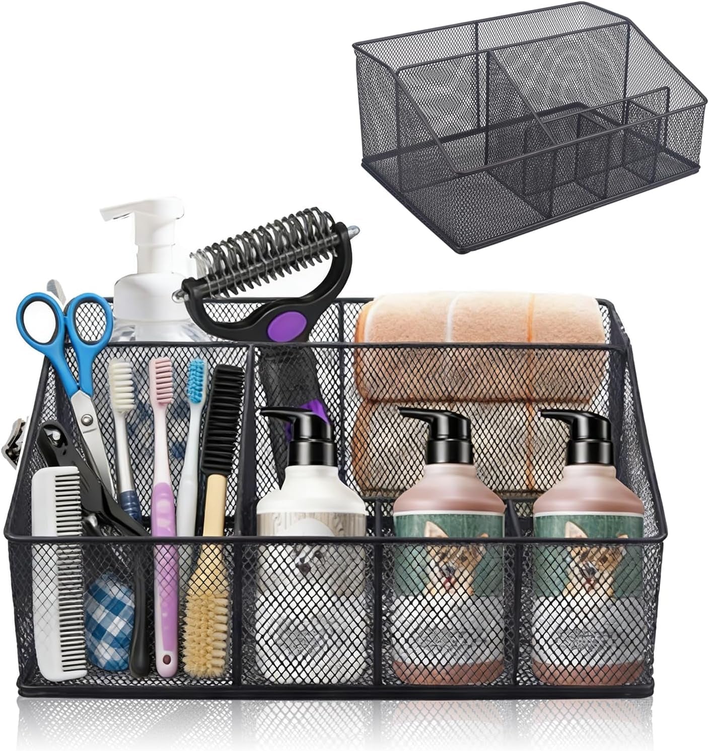 Universal Pet Grooming Supplies Organizer, Dog Storage Organizer for Grooming Supplies, 6-Compartment Mesh Wire Dog Stuff Storage Organizer for Dogs Cat Grooming Blanket,Shampoo,Trimmer,Clipper,Brush