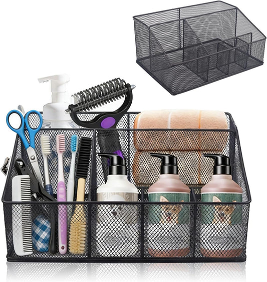 Universal Pet Grooming Supplies Organizer, Dog Storage Organizer for Grooming Supplies, 6-Compartment Mesh Wire Dog Stuff Storage Organizer for Dogs Cat Grooming Blanket,Shampoo,Trimmer,Clipper,Brush