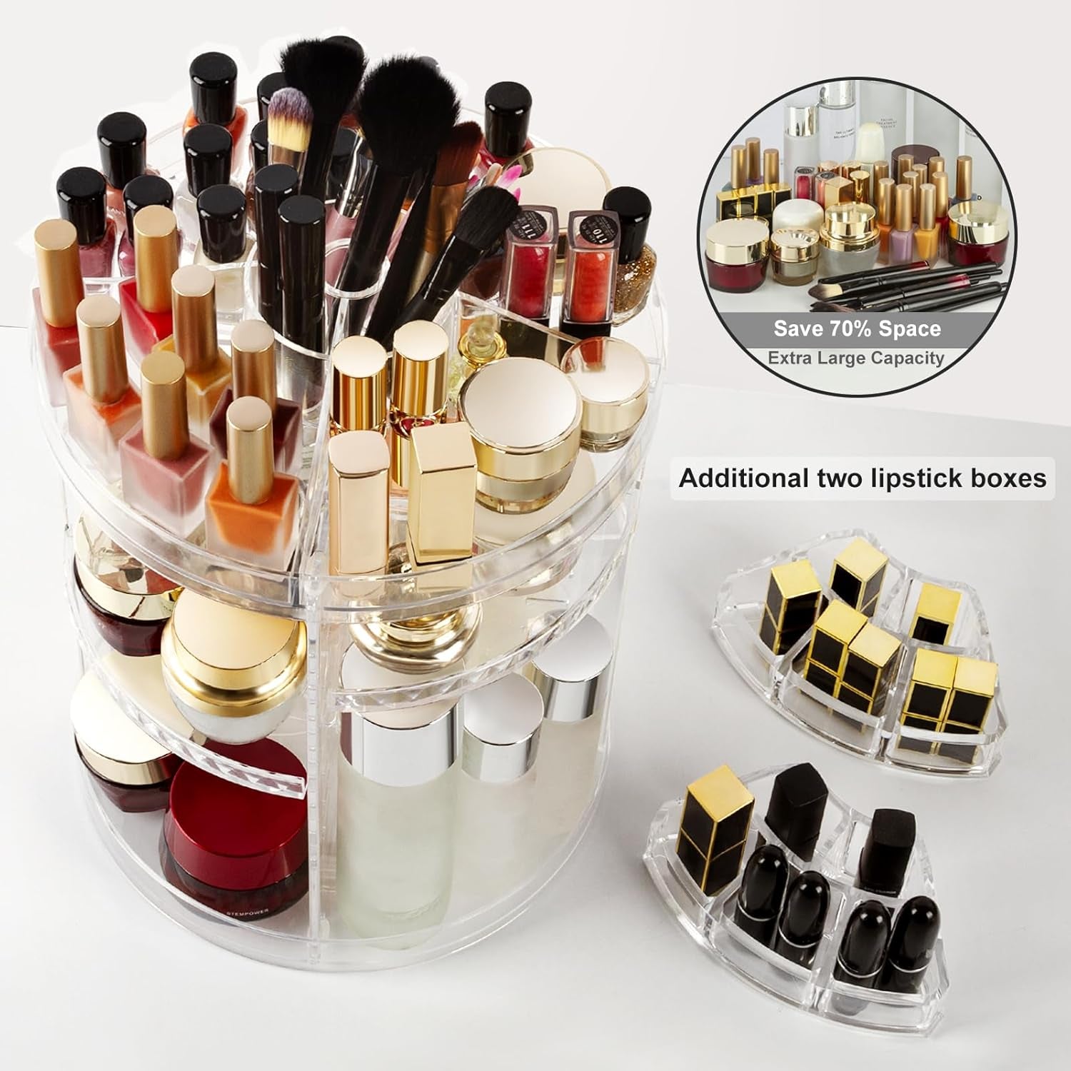 360-Degree Rotating Adjustable Makeup Organizer with 8 Layers for Cosmetics, Brushes, and Lipsticks - Clear Storage Display Case