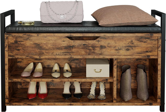 Shoe Storage Bench, Entryway Bench with Lift Top Storage Box, Metal and Board Bench for Entryway, Two Tier Shoe Rack Organizer for Entryway, Hallway, Industrial, Vintage Brown
