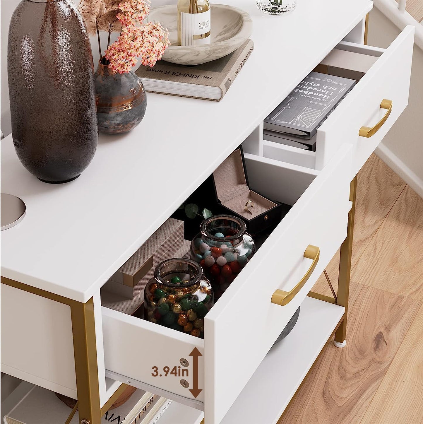 White and Gold Console Table with Storage, Industrial Entryway Table | Narrow Wide Wood Entry Way Table W/ 2-Tier Open Shelves and Drawers, Farmhouse Sofa Foyer Table for Hallway, Living Room