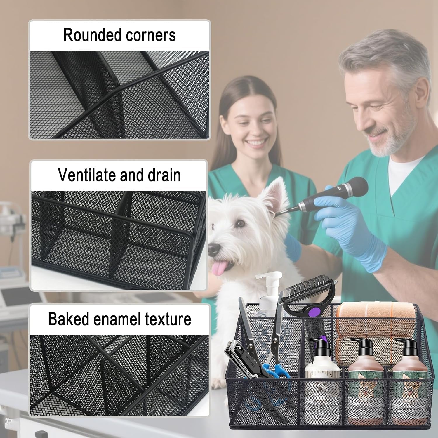 Universal Pet Grooming Supplies Organizer, Dog Storage Organizer for Grooming Supplies, 6-Compartment Mesh Wire Dog Stuff Storage Organizer for Dogs Cat Grooming Blanket,Shampoo,Trimmer,Clipper,Brush