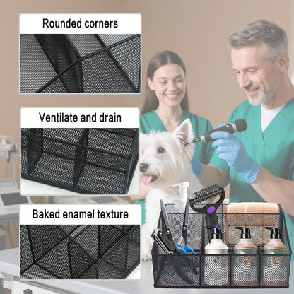 Universal Pet Grooming Supplies Organizer, Dog Storage Organizer for Grooming Supplies, 6-Compartment Mesh Wire Dog Stuff Storage Organizer for Dogs Cat Grooming Blanket,Shampoo,Trimmer,Clipper,Brush
