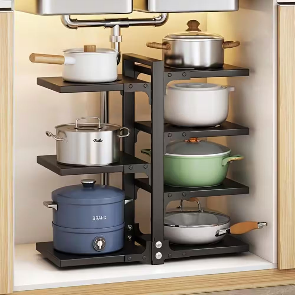 24 In. 7-Tier Black Standing Adjustable Pot and Pan Organizer, under Cabinet Heavy Duty Storage Rack Pot Rack