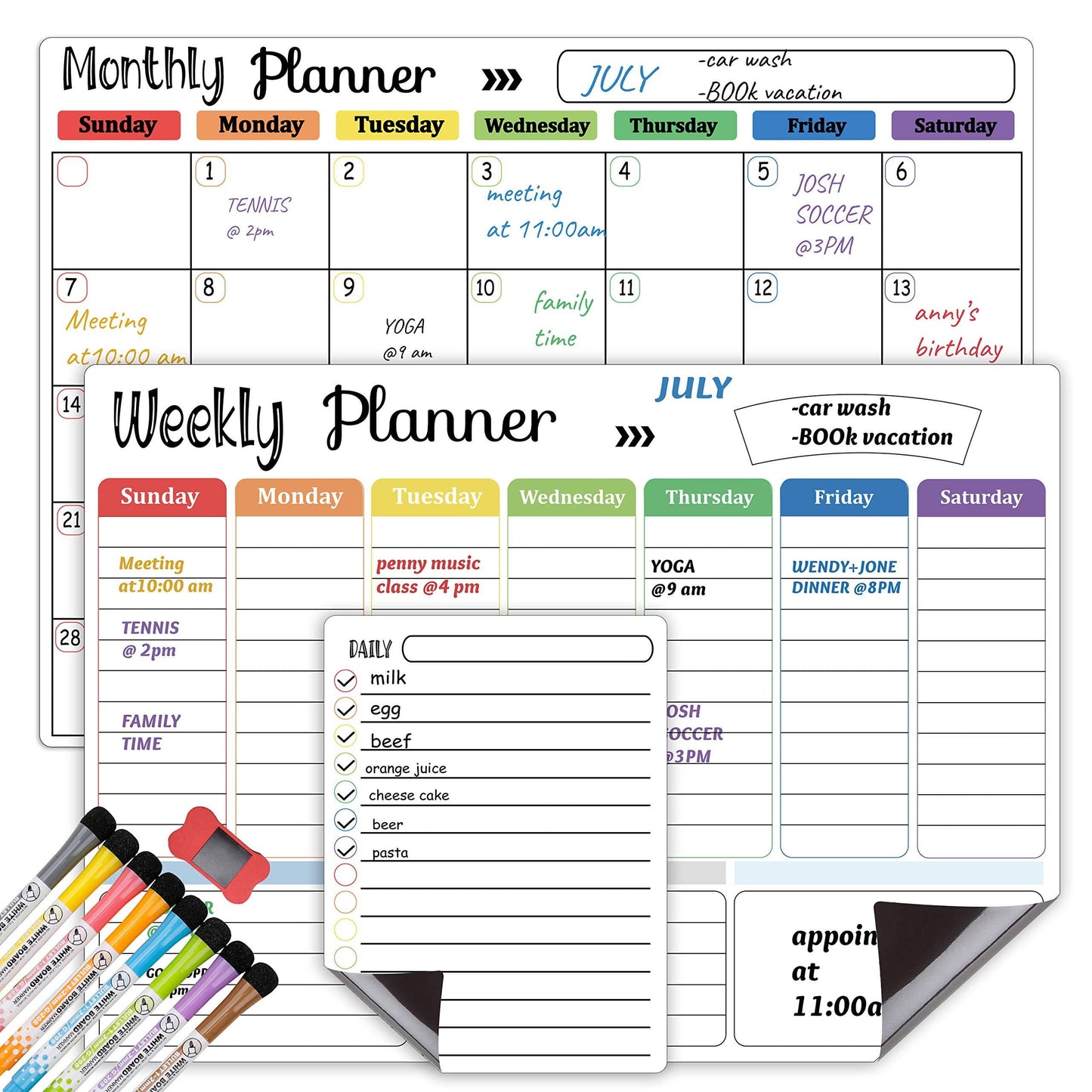 Dry Erase Whiteboard. Magnetic Dry Erase Calendar Board for Fridge Includes 8 Markers - Weekly Meal Planner Whiteboard, Grocery List and Notepad for Kitchen Refrigerator