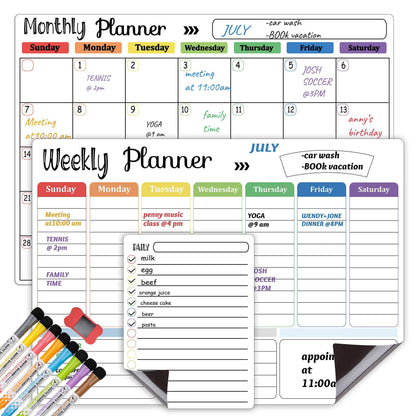 Dry Erase Whiteboard. Magnetic Dry Erase Calendar Board for Fridge Includes 8 Markers - Weekly Meal Planner Whiteboard, Grocery List and Notepad for Kitchen Refrigerator