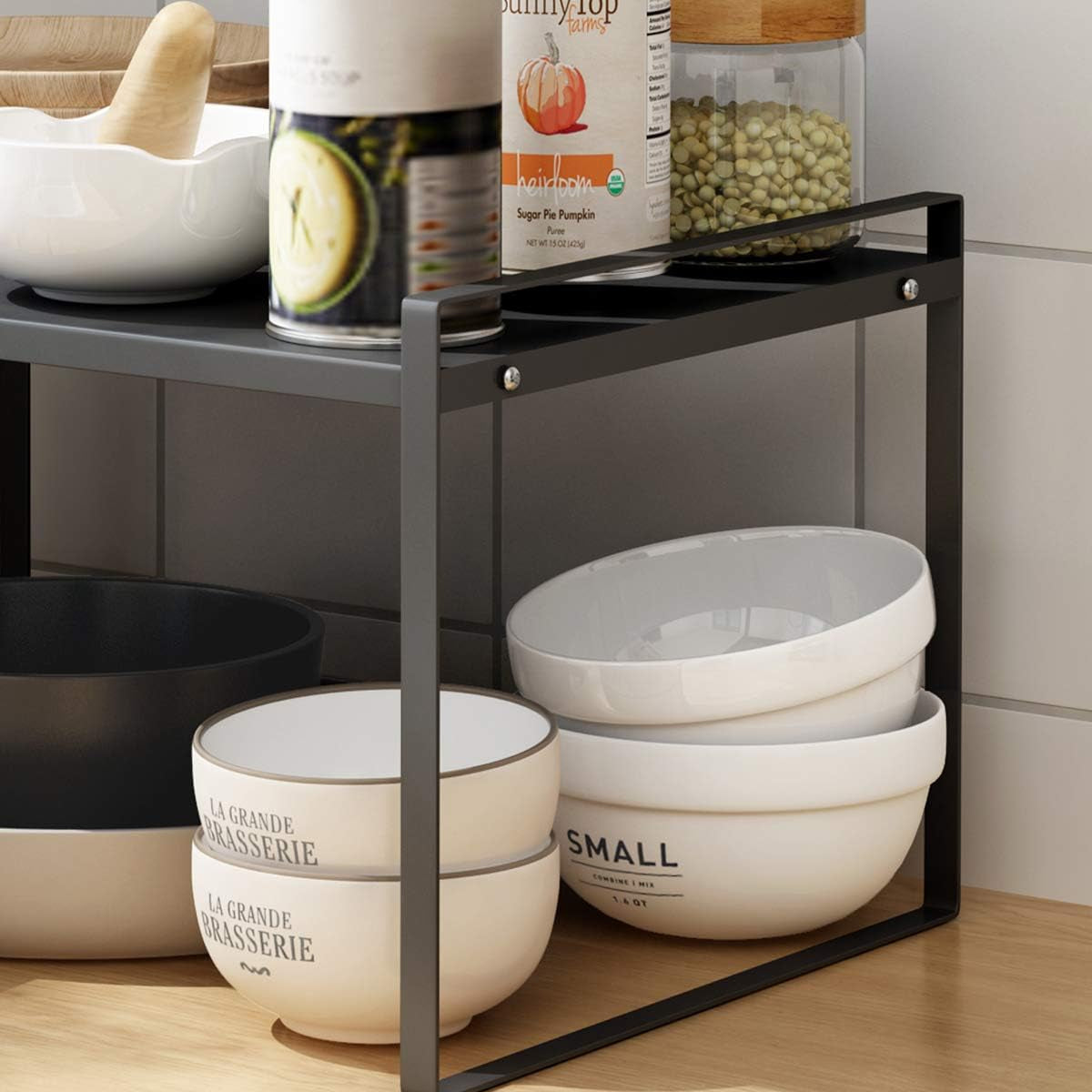 Countertop Organizer, Cupboard Stand Spice Rack, 13" Cabinet Pantry Shelf, Organization and Storage for Kitchen Bathroom, Metal Plate Black