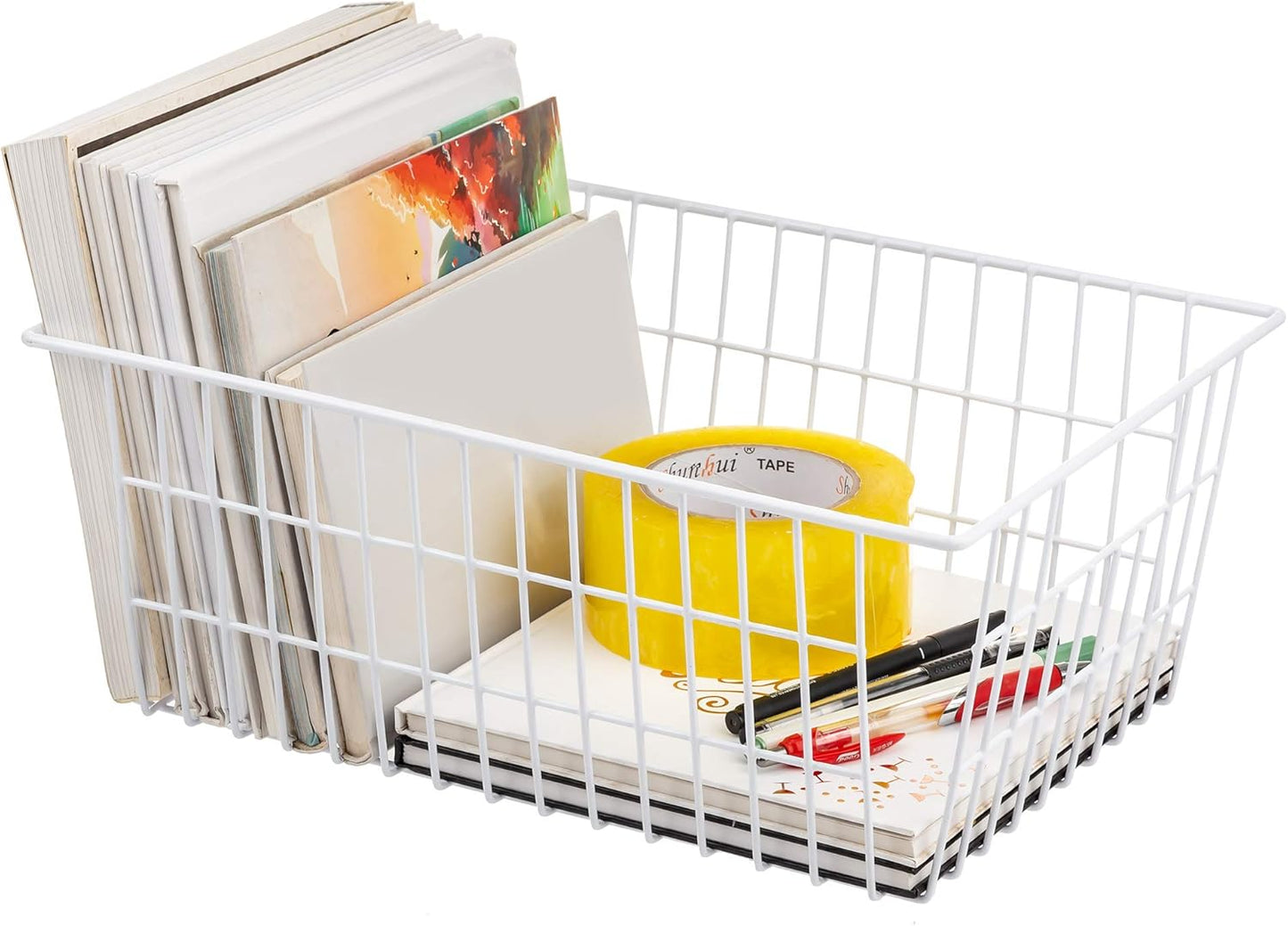 Wire Storage Freezer Baskets, Set of 2 - 13.4" Household Organizer Storage Bins with Handles for Kitchen Cabinets, Pantry, Office, and Bathroom Organization - White
