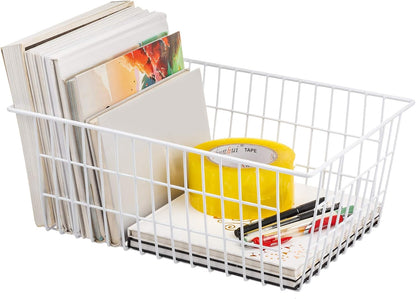 Wire Storage Freezer Baskets, Set of 2 - 13.4" Household Organizer Storage Bins with Handles for Kitchen Cabinets, Pantry, Office, and Bathroom Organization - White