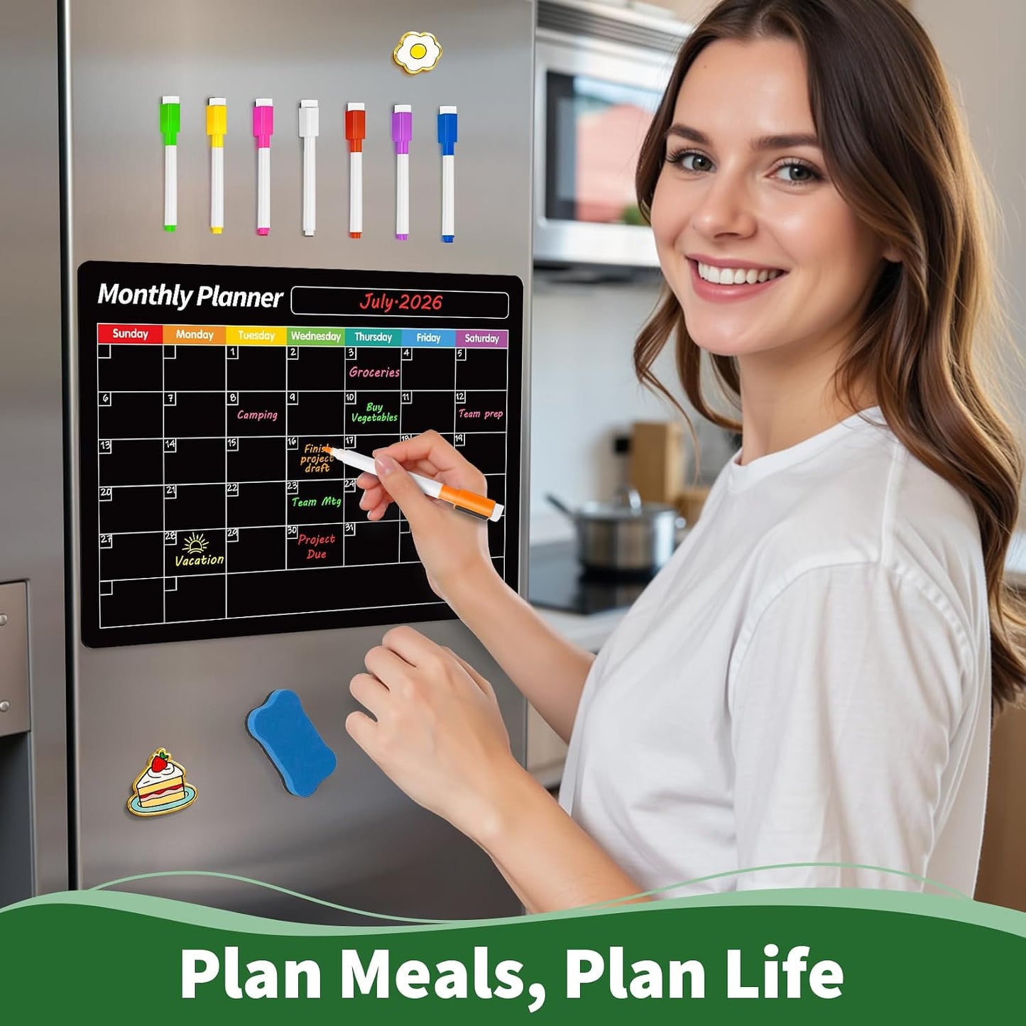 4 Pack Fridge Calendar, Magnetic Calendar for Dry Erase, Black | Magnetic Dry Erase Board, Monthly Calendar for Fridge with 8 Markers & Eraser