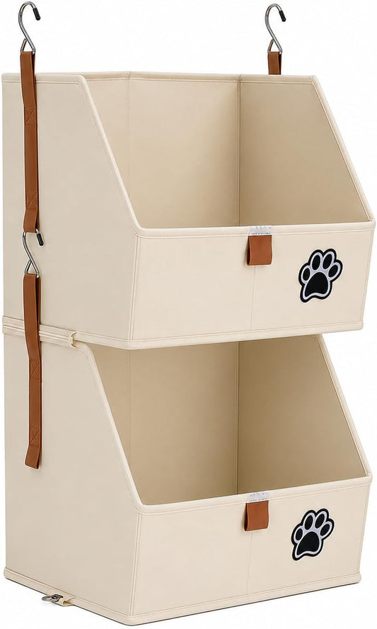 2-Tier Dog Shelves Storage Organizer, Dog Toy Basket, Hanging Closet Organizer for Pet, Fabric Storage Bins Dog Cabinet, Collapsible Baskets for Dog Toys,Collar,Clothes,Blanket -Beige